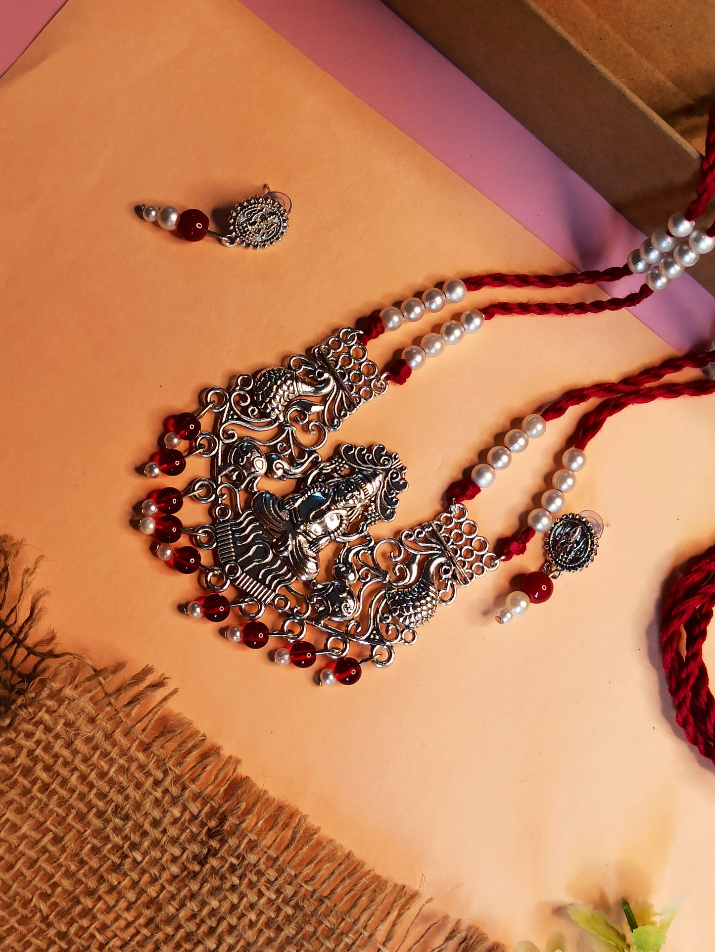 Bhakti Maroon Thread oxidized necklace set