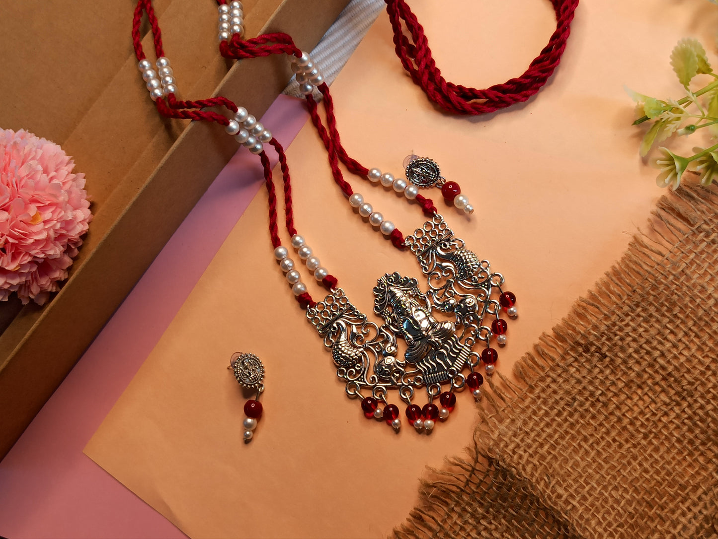 Bhakti Maroon Thread oxidized necklace set