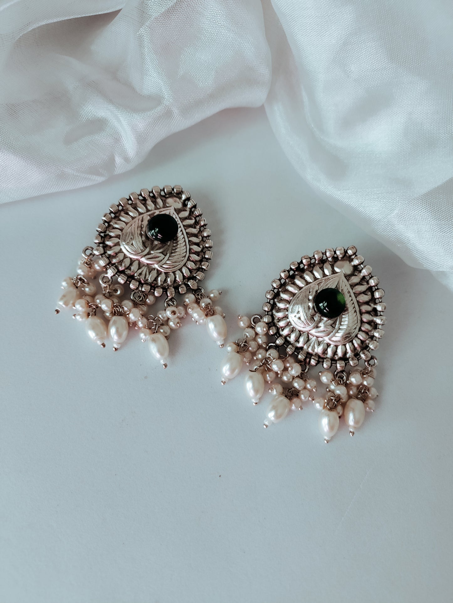 Divya Silver Polish Brass studs earrings with pearls - Emerald