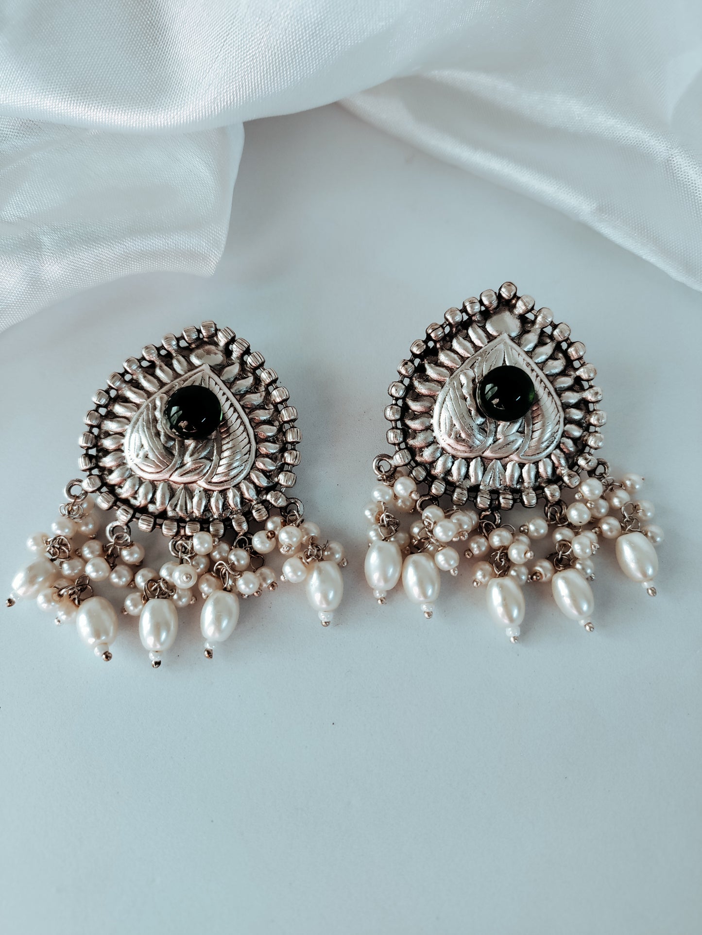 Divya Silver Polish Brass studs earrings with pearls - Emerald