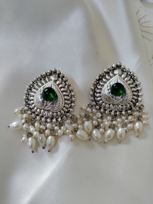 Divya Silver Polish Brass studs earrings with pearls - Emerald