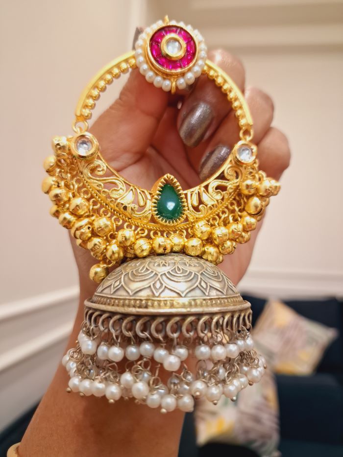 Falak Pink and green chandbali jhumki earrings