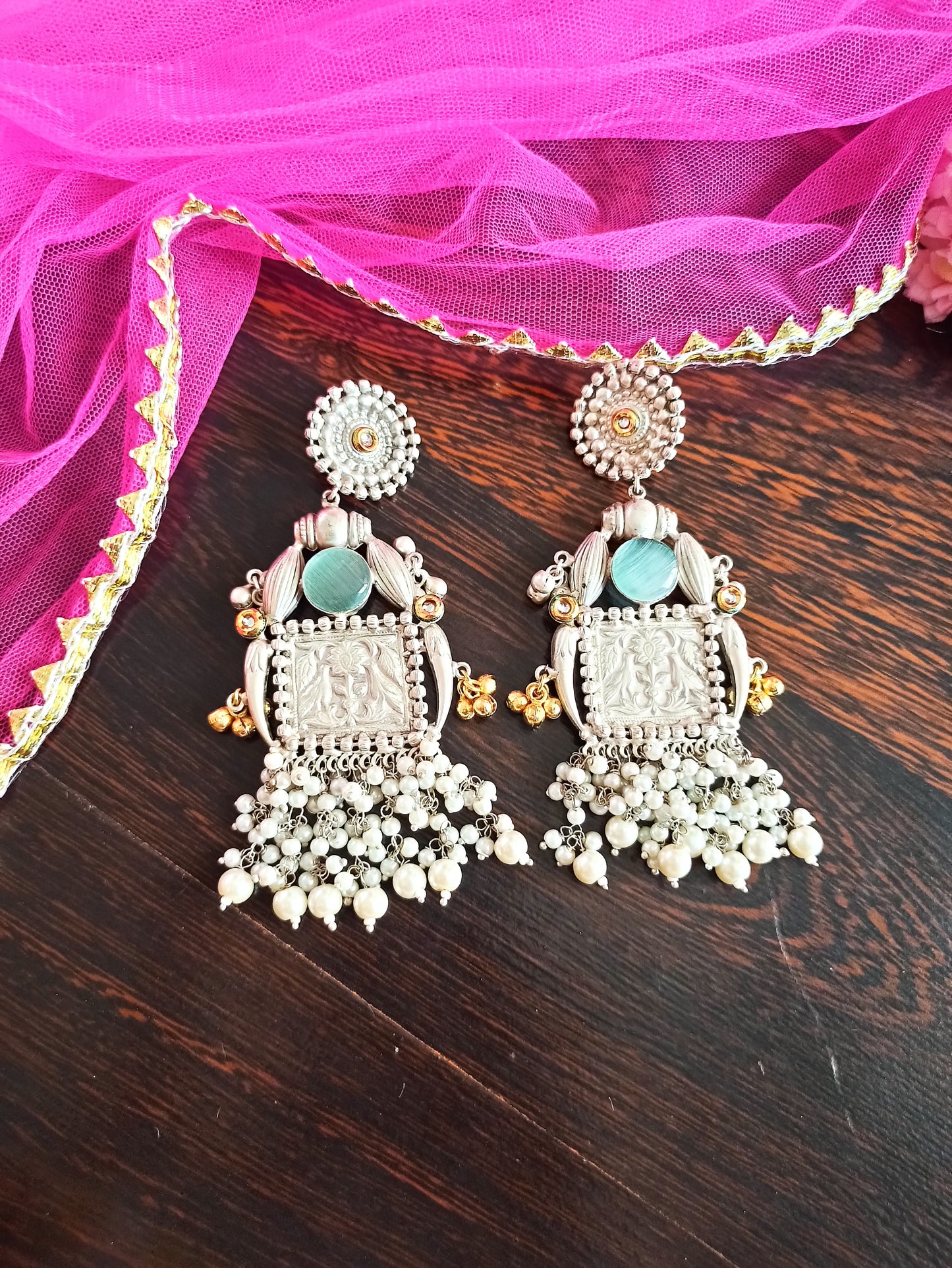 Meenakshi Silver Polish Brass long earrings