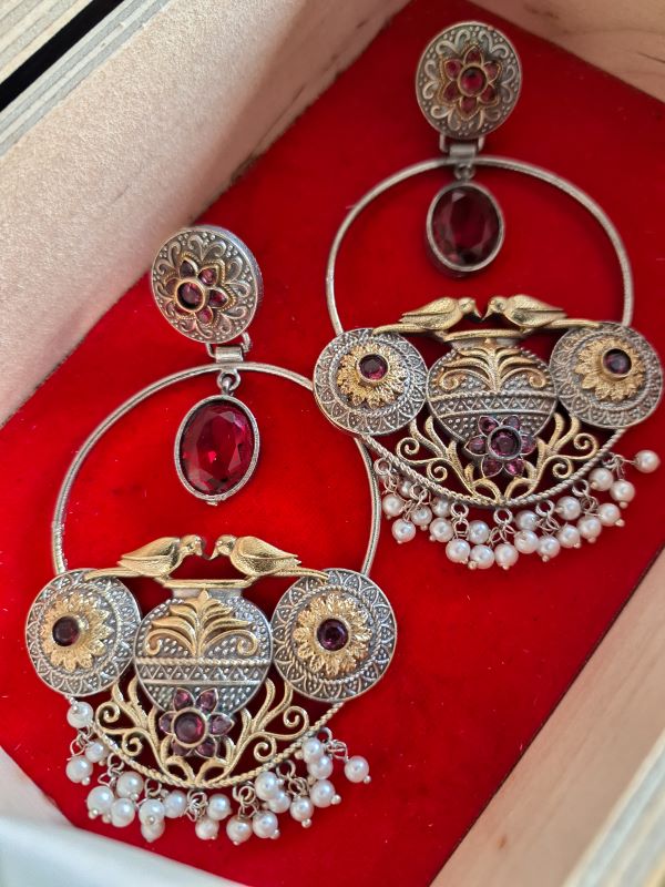 Madhurima dual tone brass hooplike dangler earrings - Ruby Red