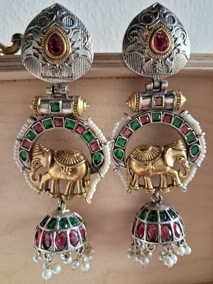 Taruni pink and green jhumki earrings