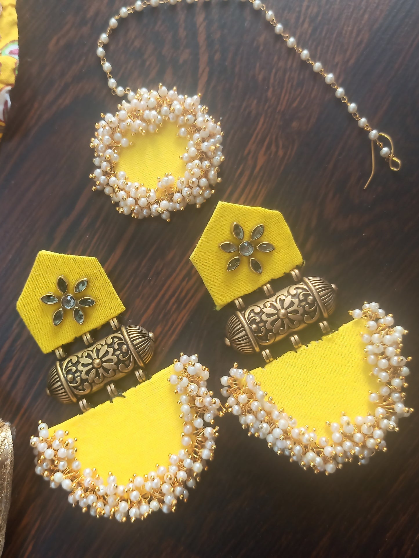 Mohe fabric earrings with maang tika yellow