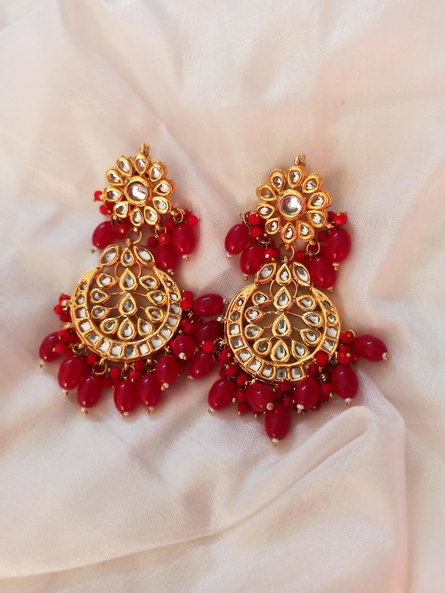 Brishti Red Kundan Chandbali Earrings in Gold tone