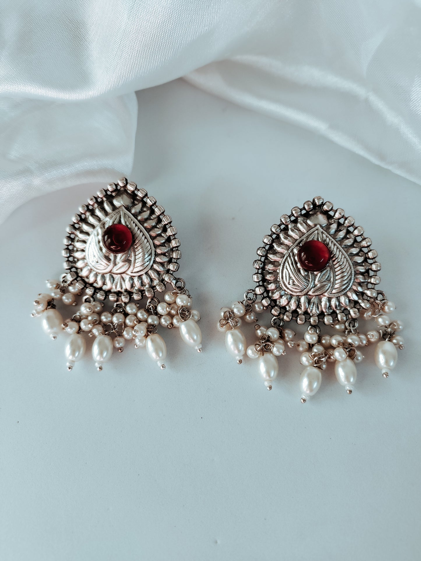 Divya Silver Polish Brass studs earrings with pearls - Red