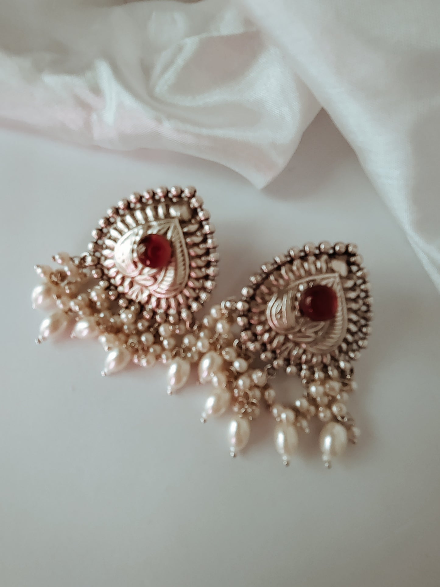 Divya Silver Polish Brass studs earrings with pearls - Red