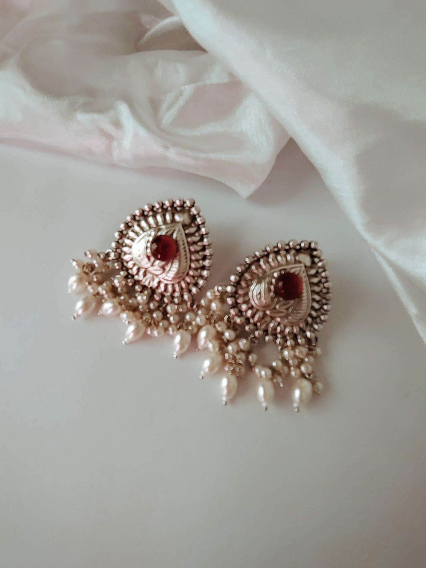 Divya Silver Polish Brass studs earrings with pearls - Red