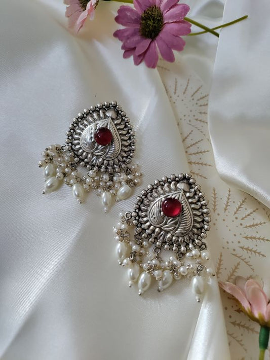 Divya Silver Polish Brass studs earrings with pearls - Red