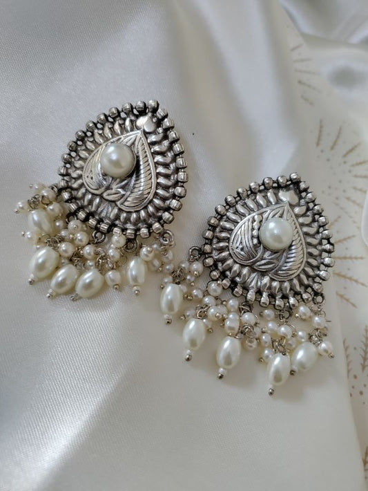 Divya Silver Polish Brass studs earrings with pearls - White