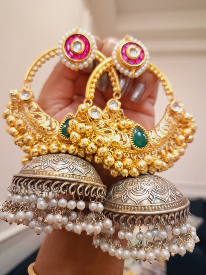 Falak Pink and green chandbali jhumki earrings