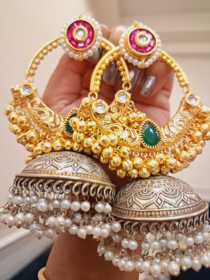 Falak Pink and green chandbali jhumki earrings