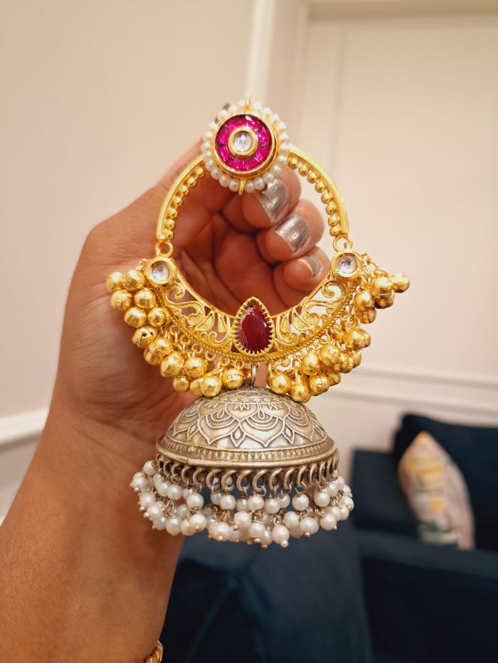 Falak Pink and red chandbali jhumki earrings