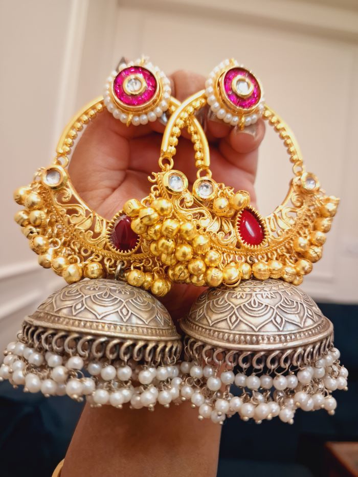 Falak Pink and red chandbali jhumki earrings
