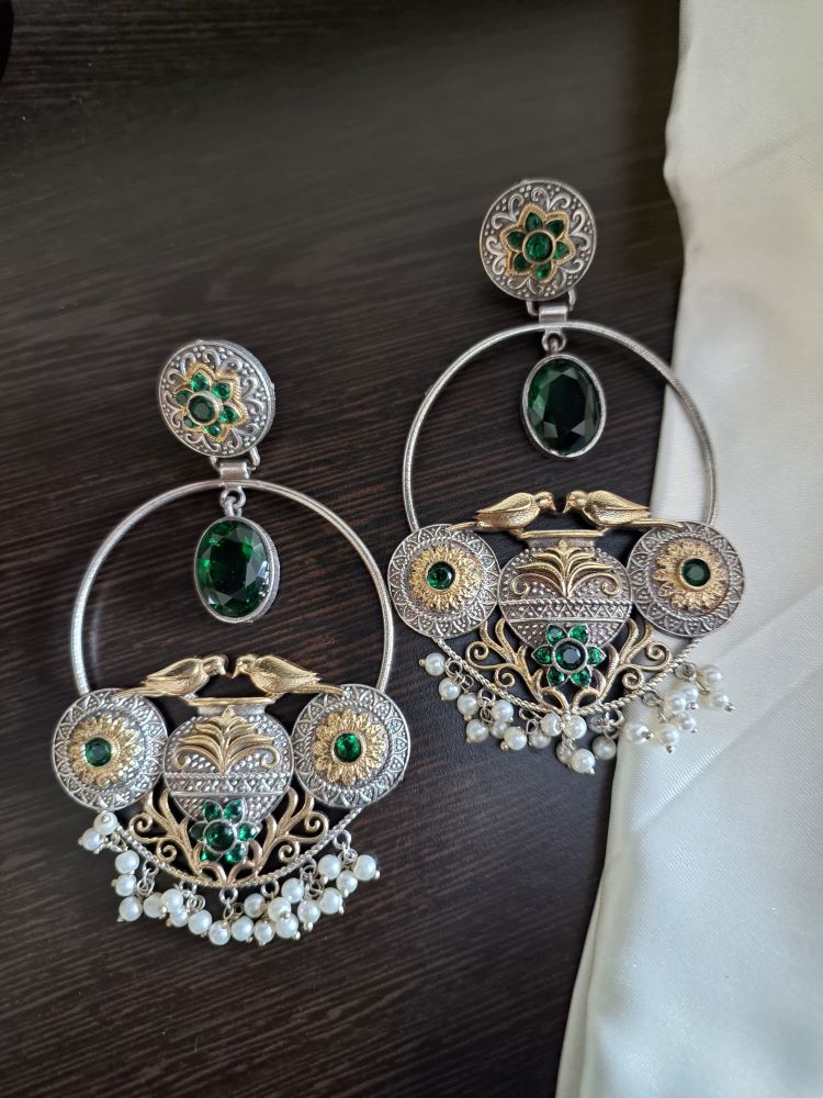 Madhurima dual tone brass hooplike dangler earrings - Emerald Green