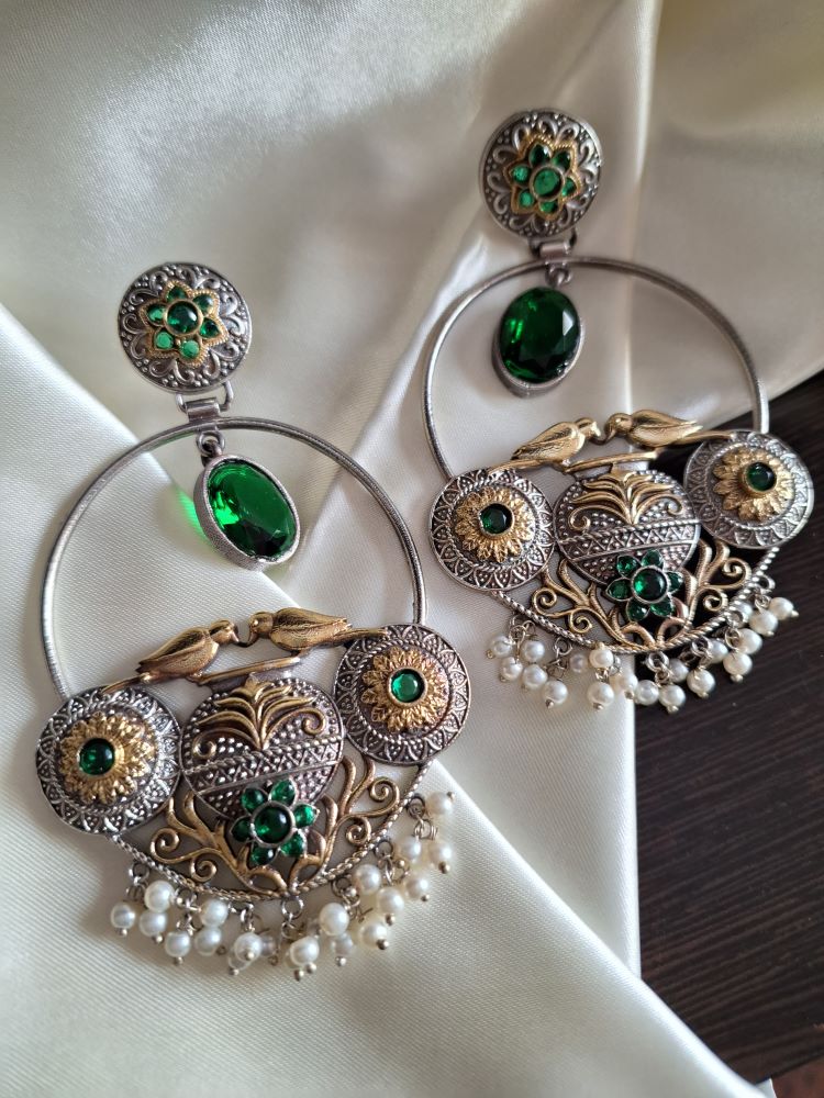 Madhurima dual tone brass hooplike dangler earrings - Emerald Green