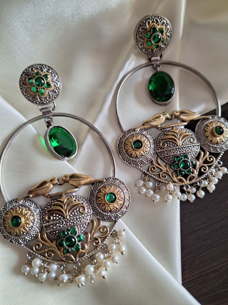 Madhurima dual tone brass hooplike dangler earrings - Emerald Green