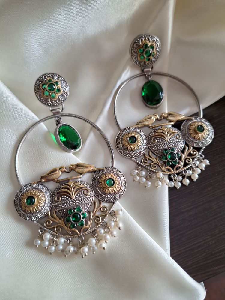 Madhurima dual tone brass hooplike dangler earrings - Emerald Green