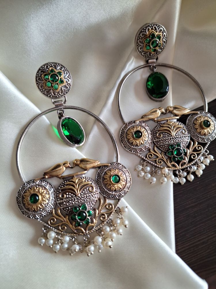 Madhurima dual tone brass hooplike dangler earrings - Emerald Green