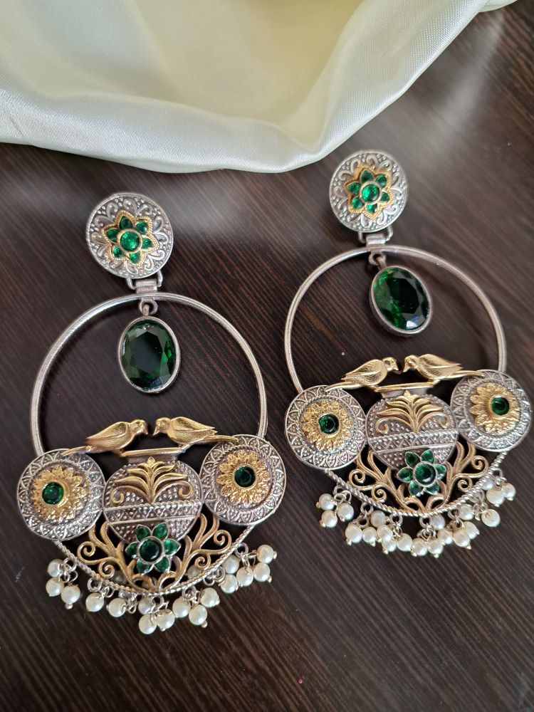 Madhurima dual tone brass hooplike dangler earrings - Emerald Green