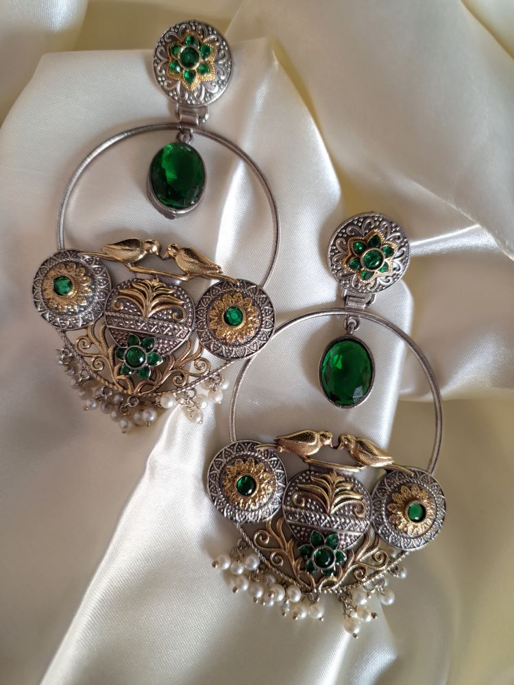 Madhurima dual tone brass hooplike dangler earrings - Emerald Green