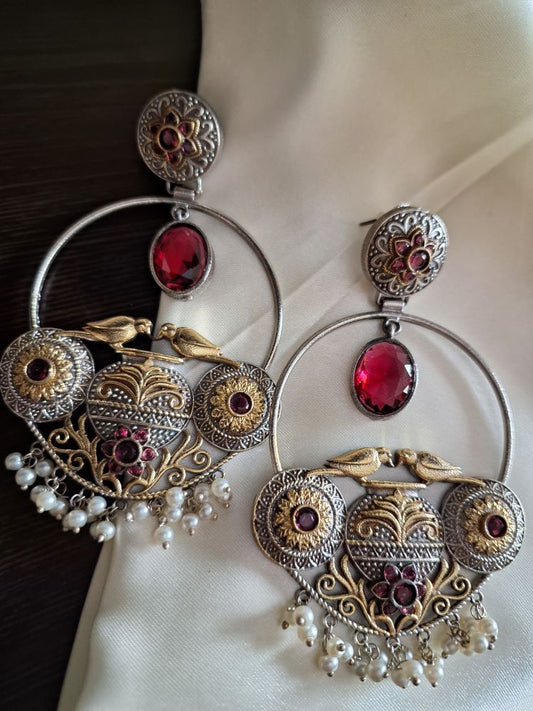Madhurima dual tone brass hooplike dangler earrings - Ruby Red