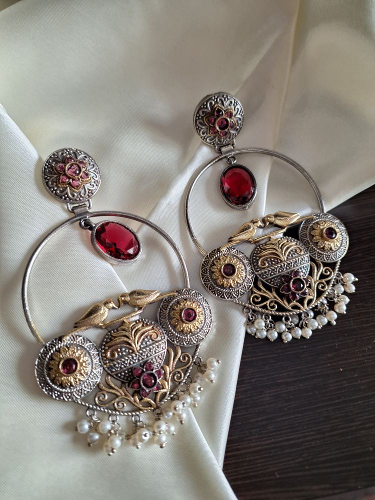 Madhurima dual tone brass hooplike dangler earrings - Ruby Red