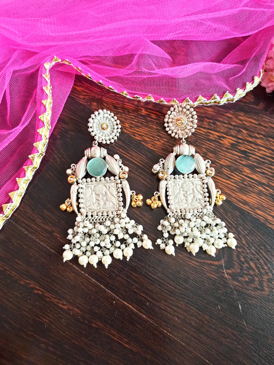 Meenakshi Silver Polish Brass long earrings