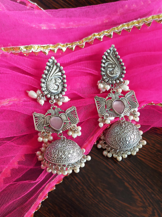 Padmini Silver Polish Brass Jhumki earrings with light pink monalisa stone