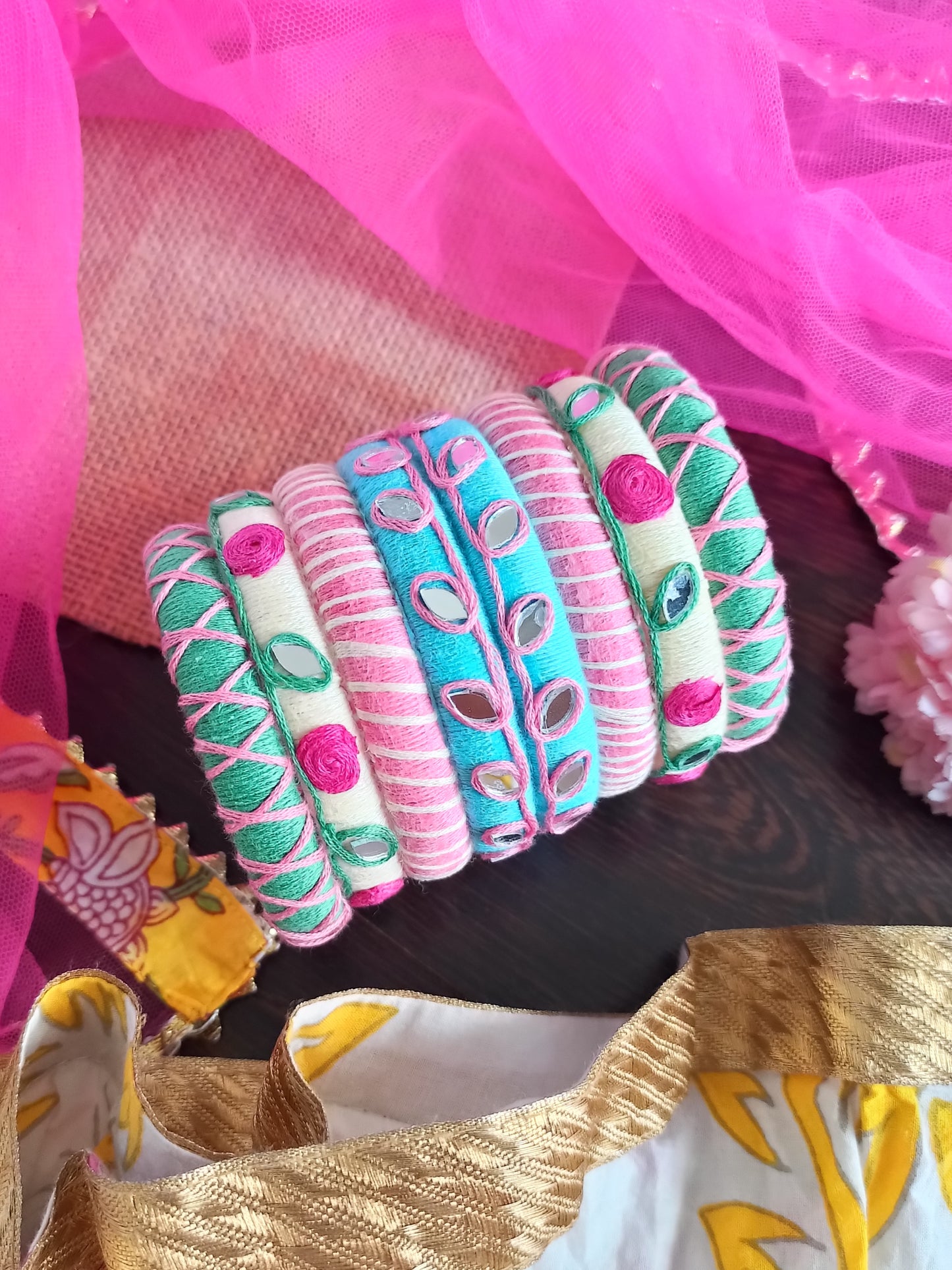 Vanaja Floral thread bangles in Pastels
