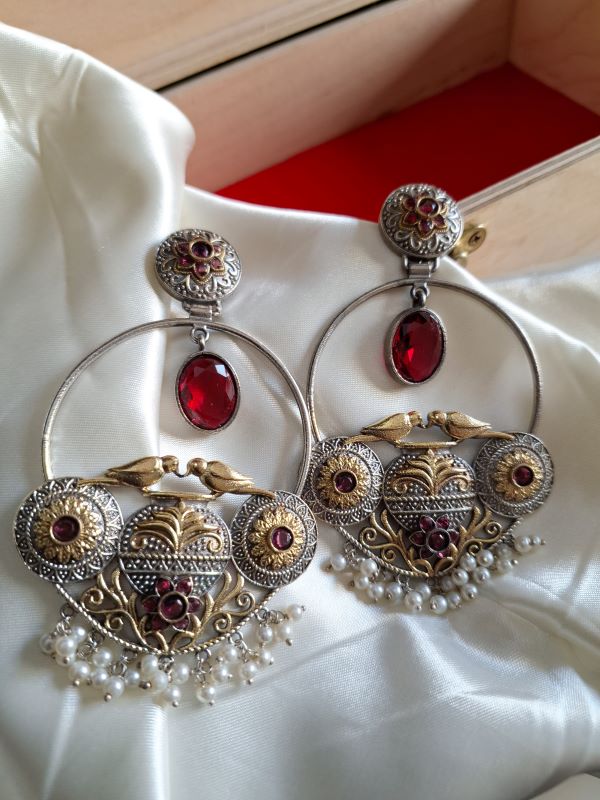 Madhurima dual tone brass hooplike dangler earrings - Ruby Red
