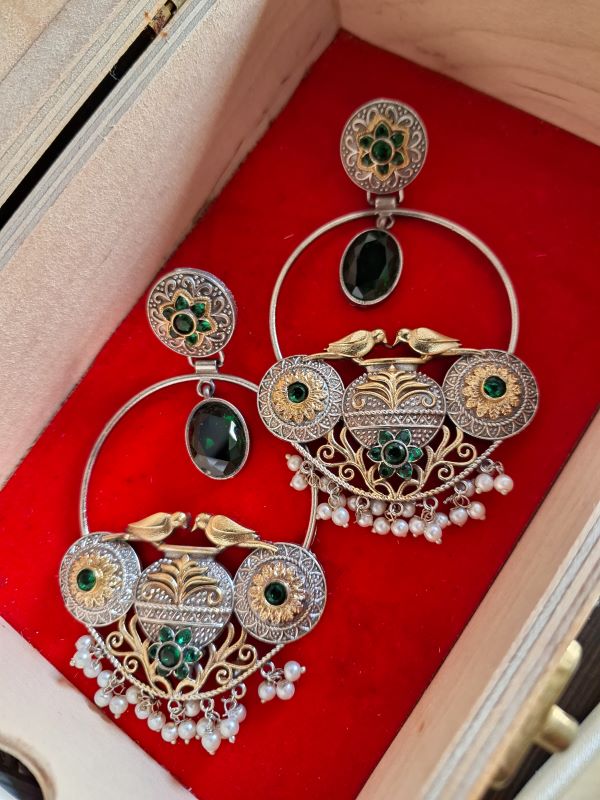 Madhurima dual tone brass hooplike dangler earrings - Emerald Green