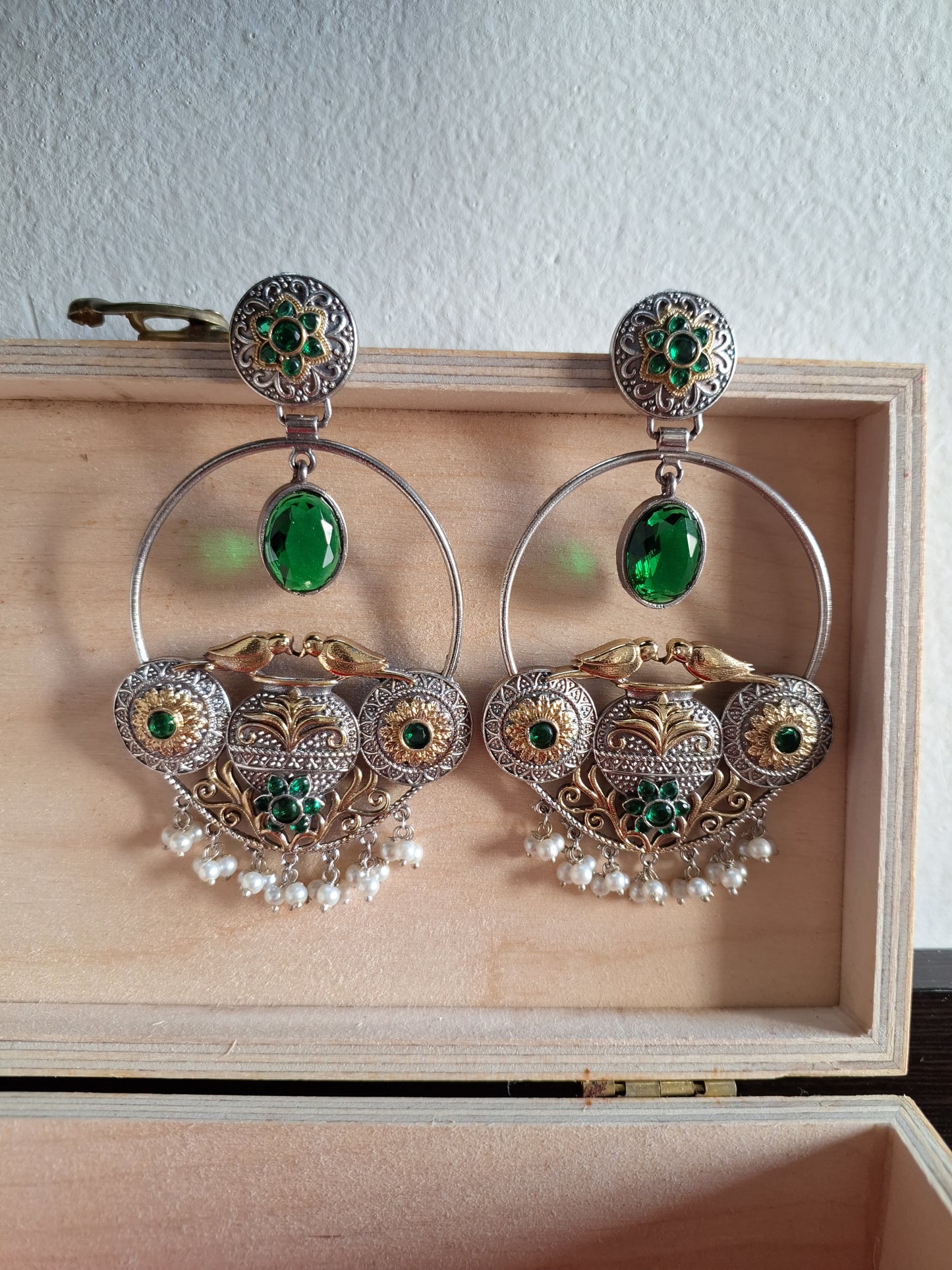 Madhurima dual tone brass hooplike dangler earrings - Emerald Green