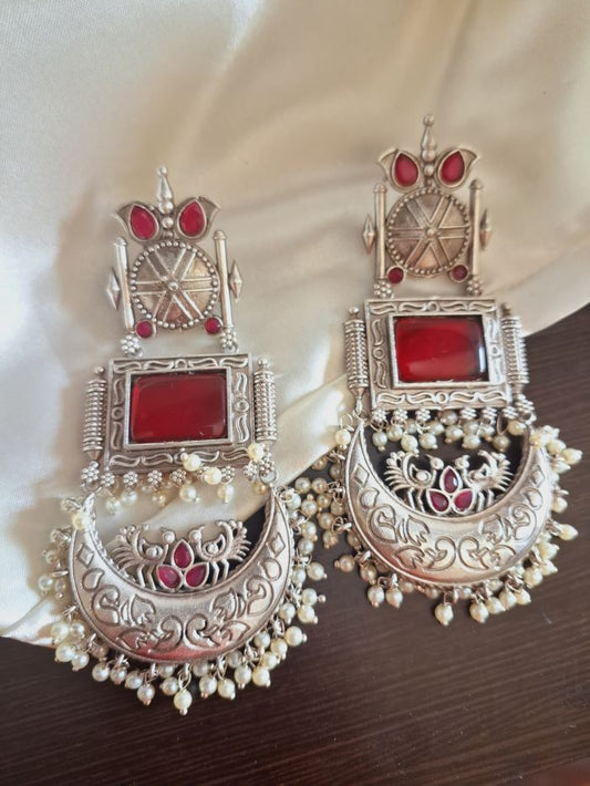Zoya red silver lookalike chandbali earrings